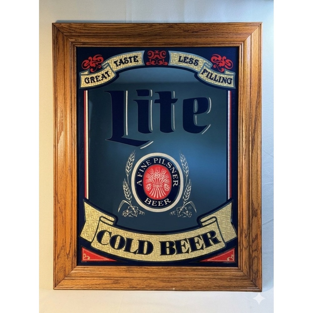 Vintage Miller Lite Beer Bar Mirror Wood Frame Great Taste Less Filling